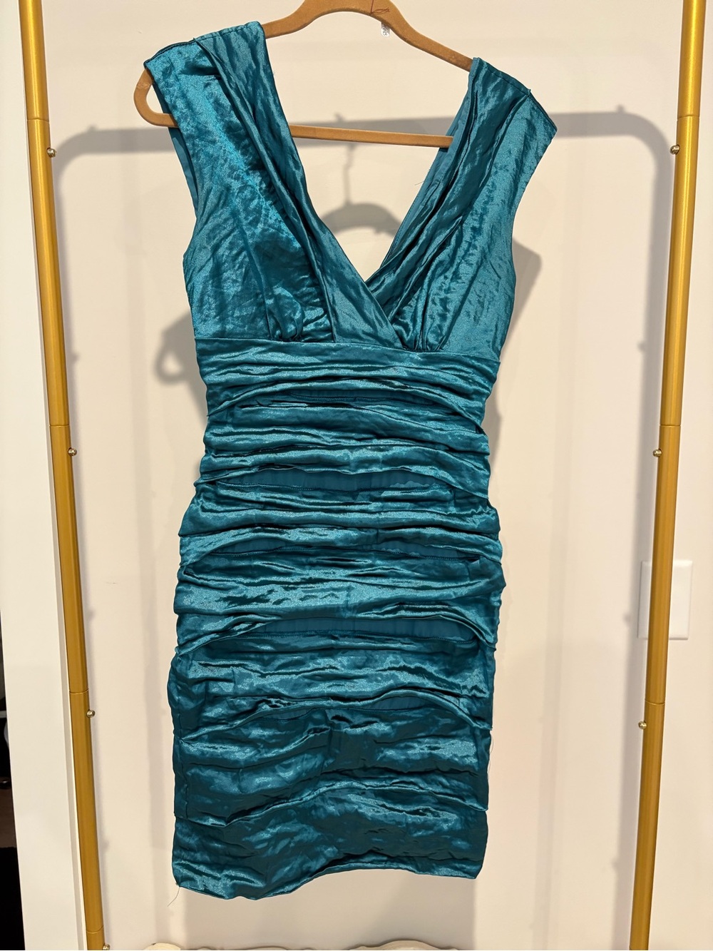 Vintage Teal Ruched V-Neck Cocktail Dress